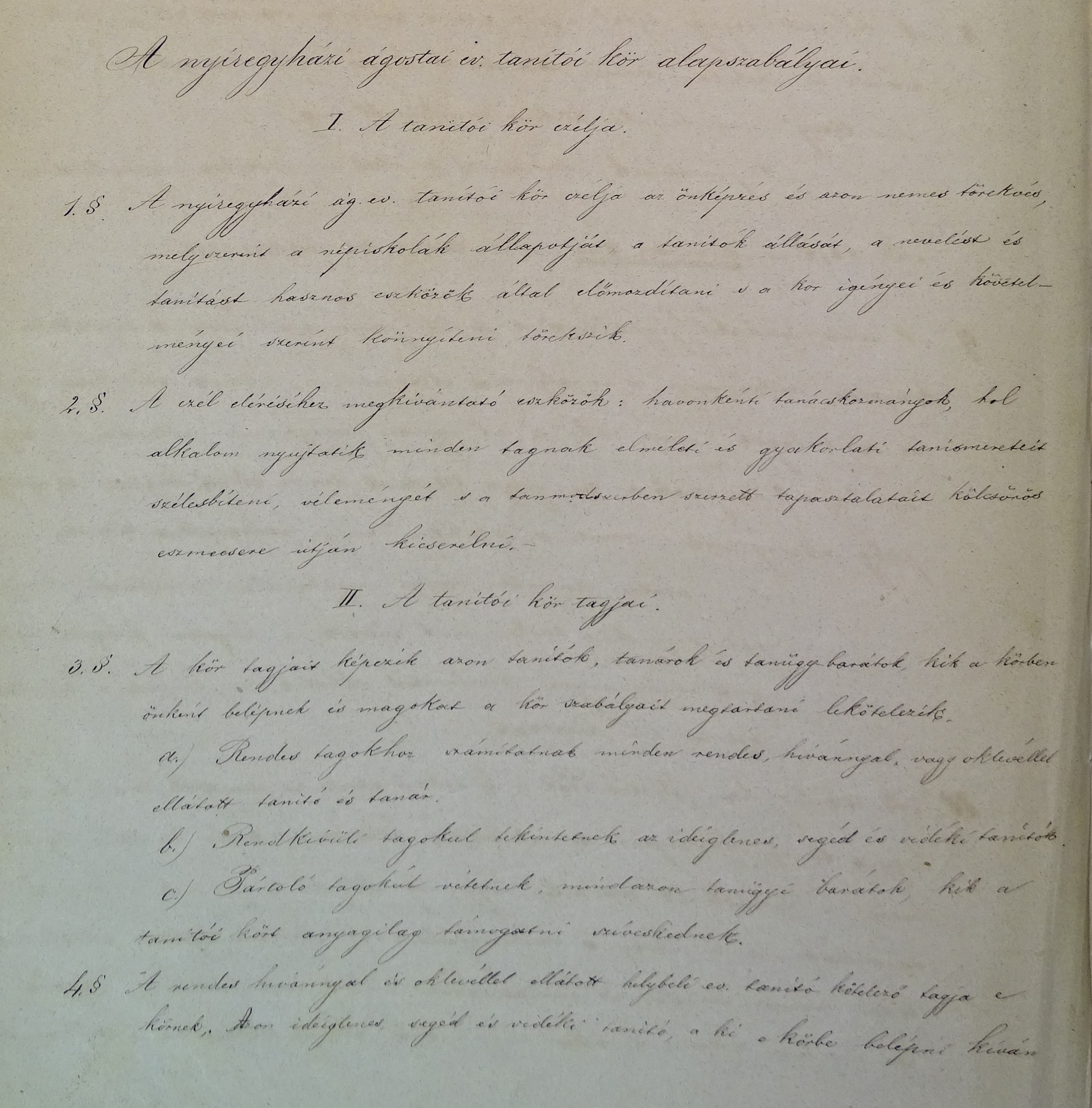A nyíregyházi evangélikus tanítókör alapszabályai 1873-ból
