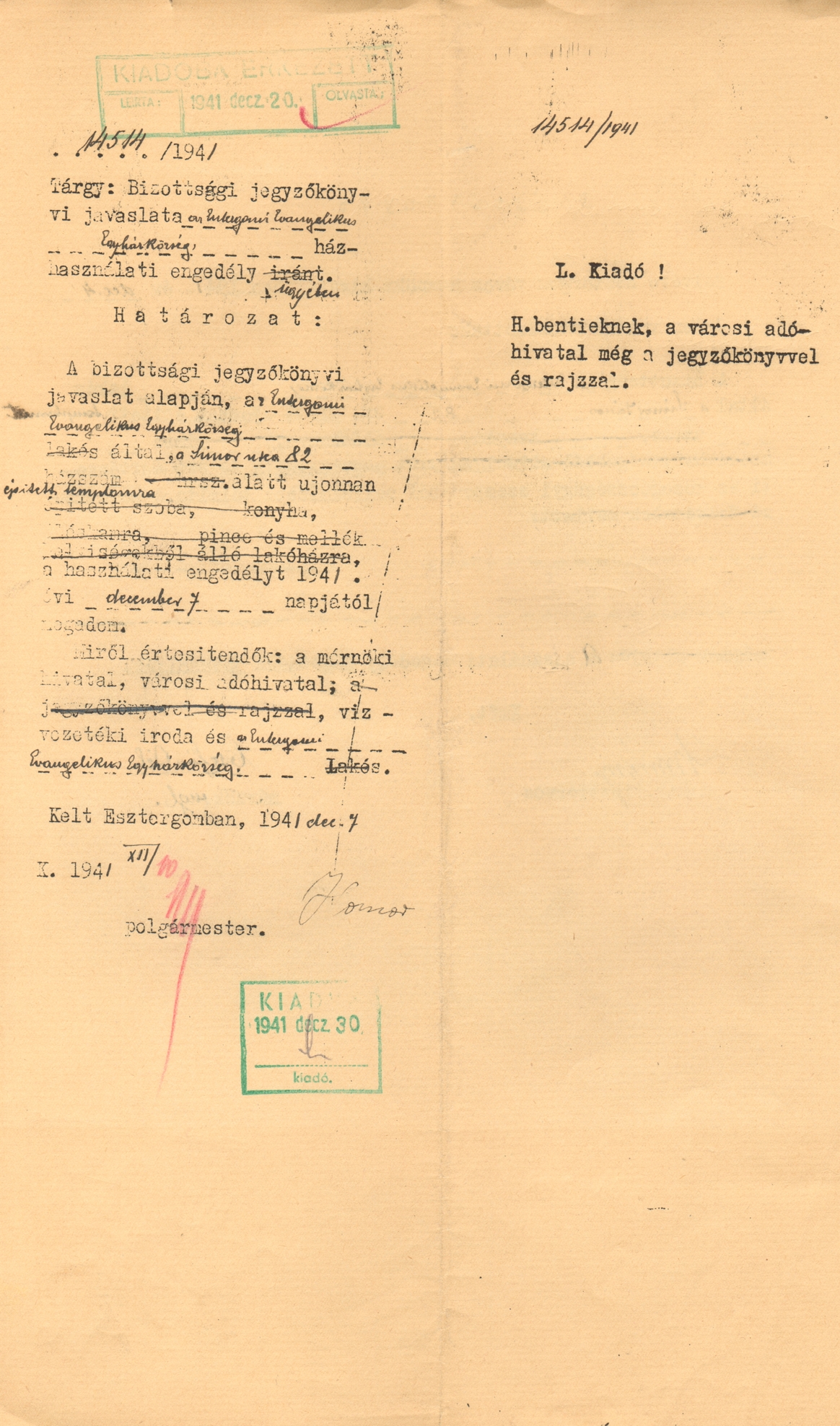 Az esztergomi evangélikus templom használatbavételi engedélye (1941. december 7.). MNL KEML V.2. 5804/1941.