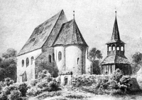 Myskovszky Viktor rajza a templomról és a mellette álló fa haranglábról (1900)