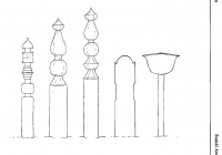 Szentesi fejfák. 1. kopjafa, 2. gombosfa, 3. gombosfa félgombbal, 4. deszkafejfa, 5. tulipánra emlékeztető sütőlapát alakú sírtábla  