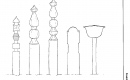 Szentesi fejfák. 1. kopjafa, 2. gombosfa, 3. gombosfa félgombbal, 4. deszkafejfa, 5. tulipánra emlékeztető sütőlapát alakú sírtábla  